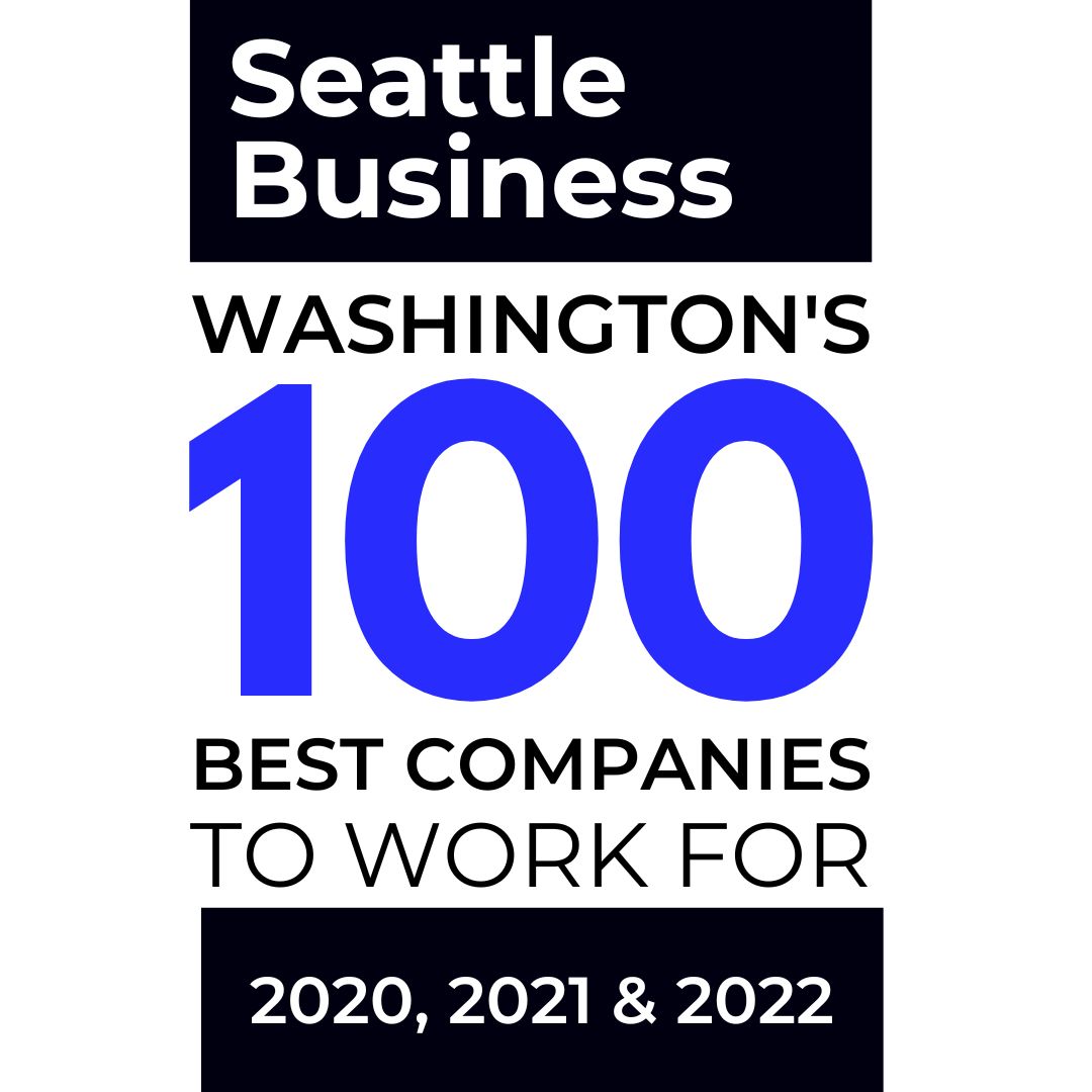 Black and blue graphic stating Seattle Business Magazine's Washington's 100 Best Companies to Work For Awards for 2020, 2021 & 2022