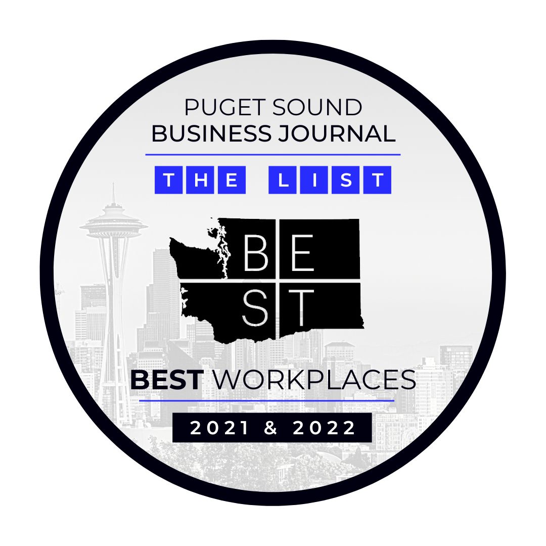 Black and blue graphic stating Puget Sound Business Journal Best Workplaces Awards for 2021 & 2022. Seattle space needle in the background of the graphic.