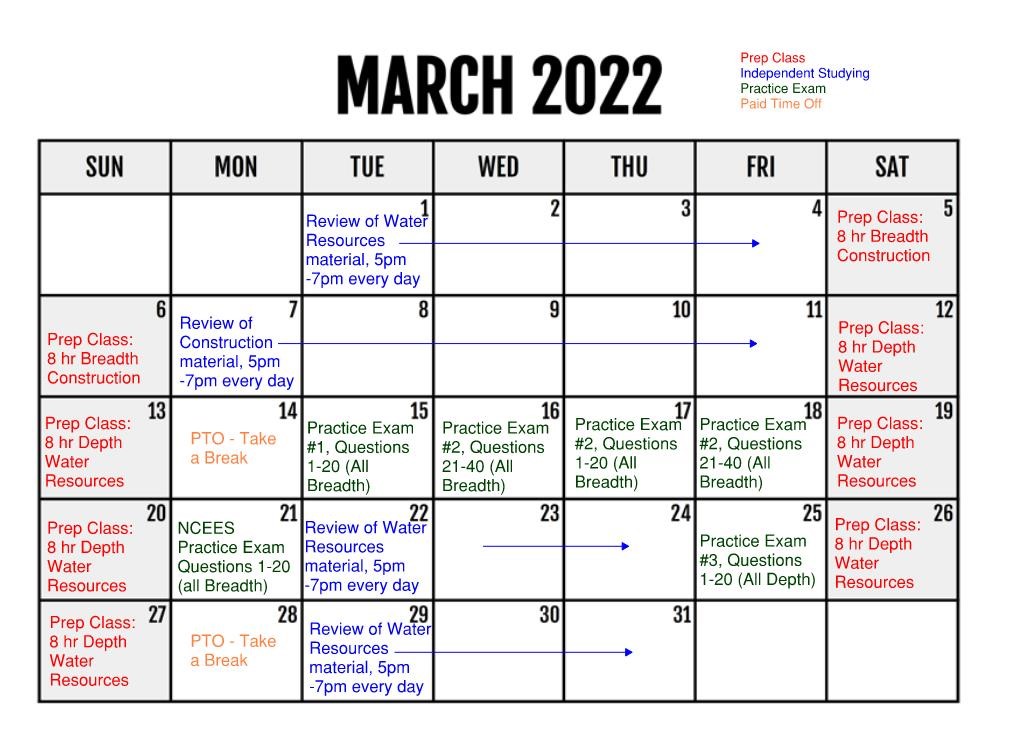 A calendar representing study guide tips for the PE Exam