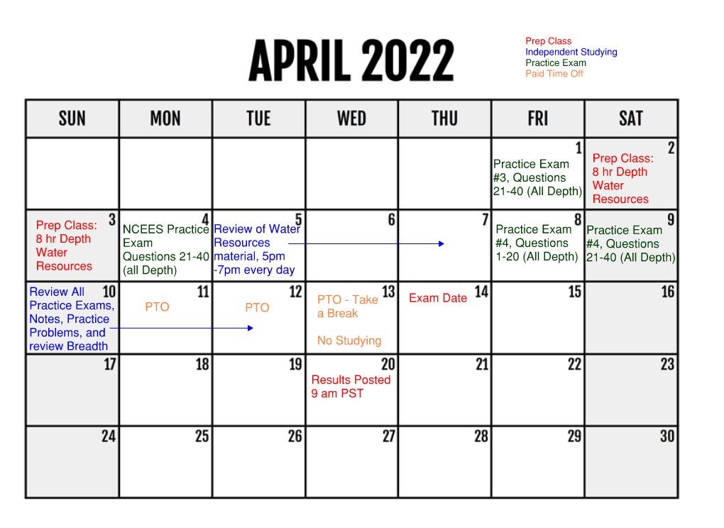 A calendar representing study guide tips for the PE Exam