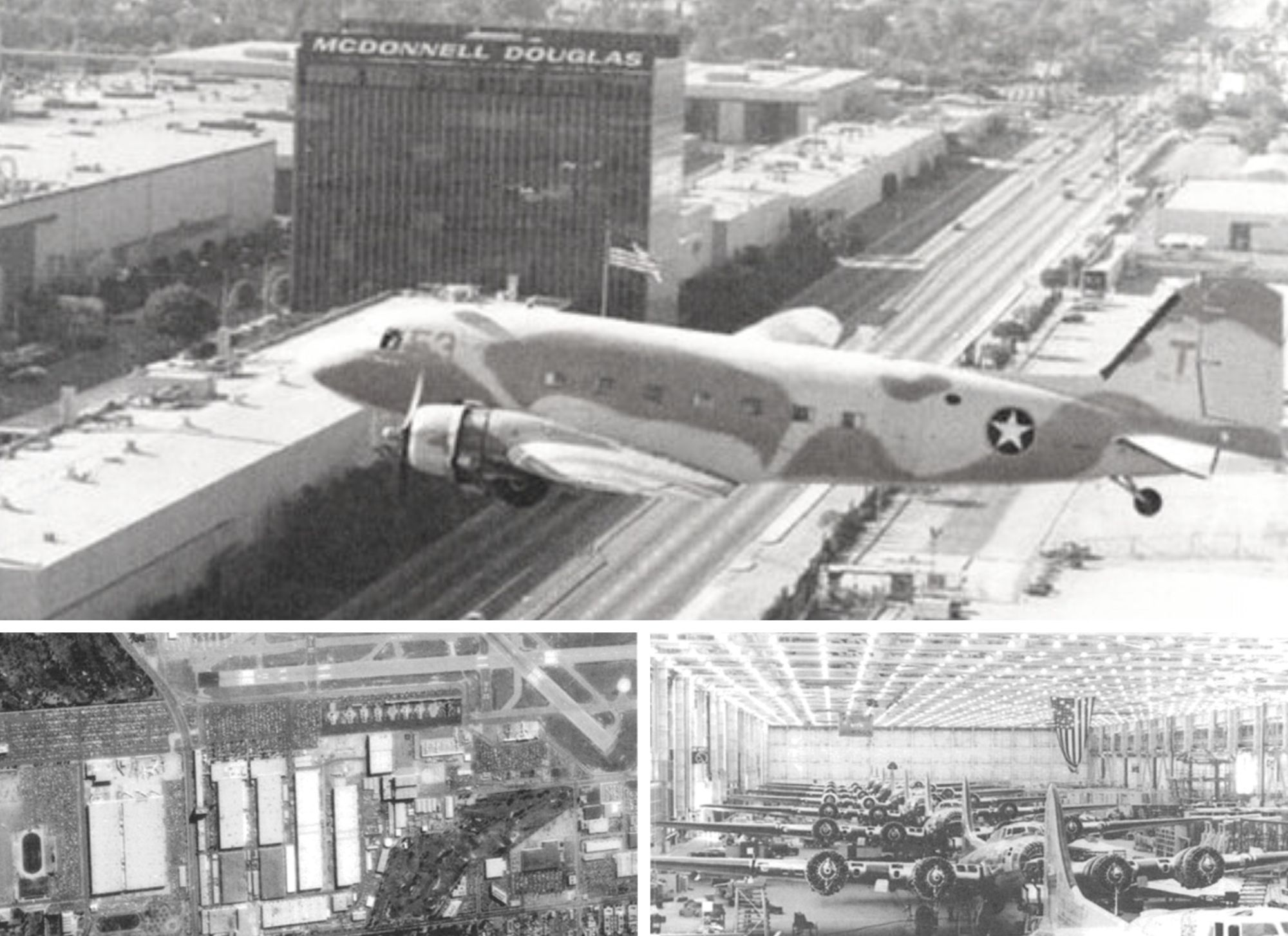 Three Boeing photographs of Douglas Park in the 1960's. First photo is a c-47 aircraft flying over the park. Second photo is an aerial shot of the entire park. Third photo is a bunch of b-17s in the production warehouse.